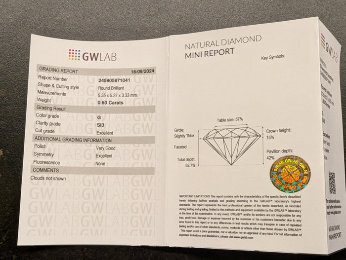 Ingen mindstepris - 1 pcs Diamant  (Natur)  - 0.60 ct - Rund - G - SI3 - Gemewizard Gemological Laboratory (GWLab)