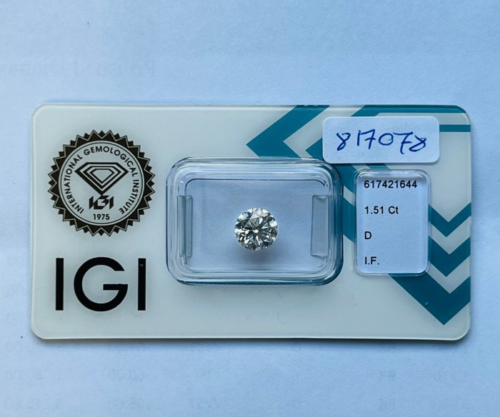 1 pcs Diamant  (Natur)  - 1.51 ct - Rund - D (farveløs) - IF - International Gemological Institute (IGI)