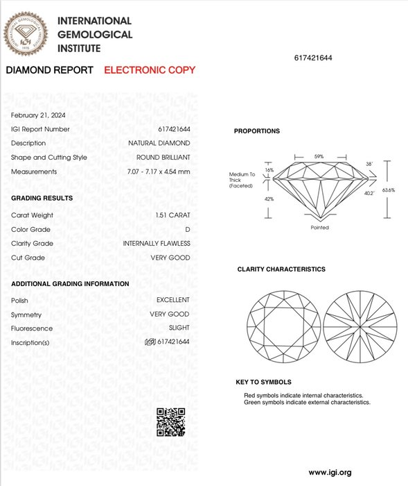 1 pcs Diamant  (Natur)  - 1.51 ct - Rund - D (farveløs) - IF - International Gemological Institute (IGI)