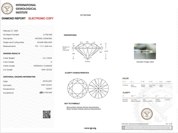 1 pcs Diamant  (Natur)  - 1.51 ct - Rund - D (farveløs) - IF - International Gemological Institute (IGI)