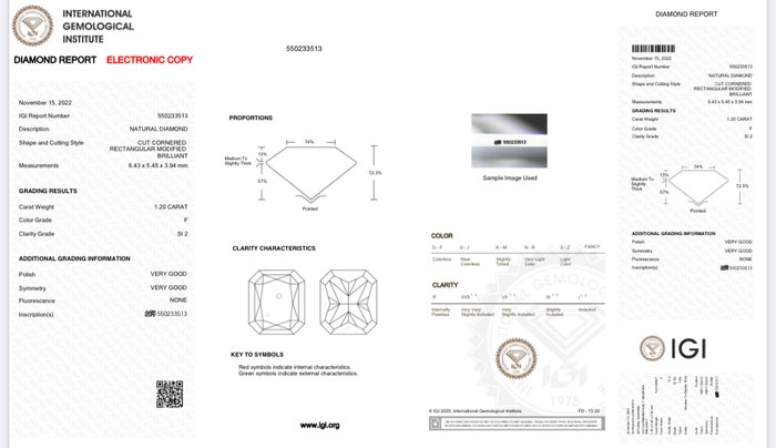 1 pcs Diamant  (Natur)  - 1.20 ct - Radiant - F - SI2 - International Gemological Institute (IGI)