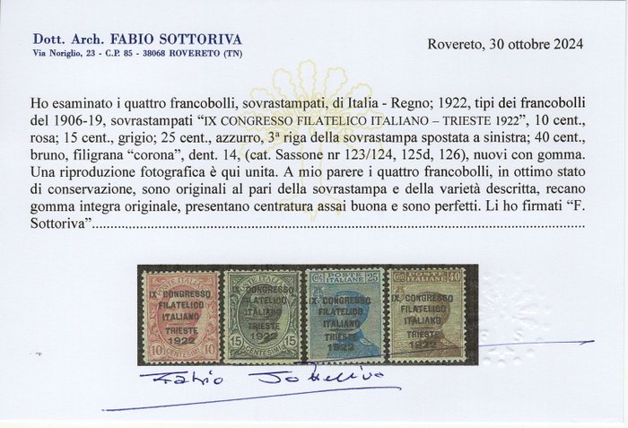 Italien Kongerige 1922 - MNH FILATELISK KONGRESS** CENTERET