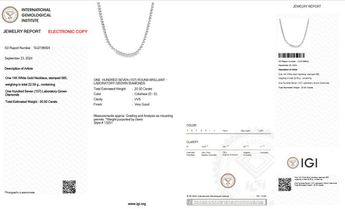 Ingen mindstepris - Halskæde - 14 karat Hvidguld -  20.50ct. tw. Diamant (Laboratoriedyrket) - D-E VVS IGI Certificeret