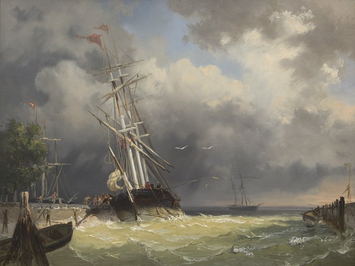 Frans Arnold Breuhaus de Groot (1824-1872) - A threemaster entering the harbour in a storm