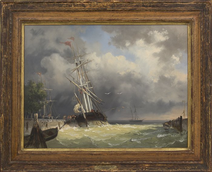 Frans Arnold Breuhaus de Groot (1824-1872) - A threemaster entering the harbour in a storm