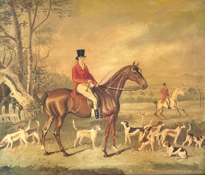 British School (XIX-XX) - The huntsmen on horseback with their beagles.