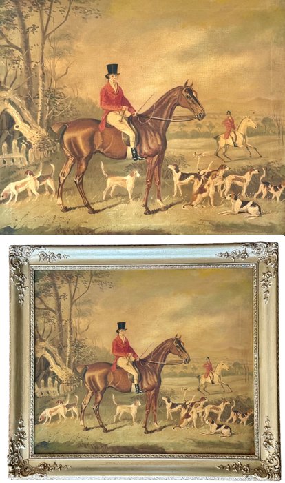 British School (XIX-XX) - The huntsmen on horseback with their beagles.