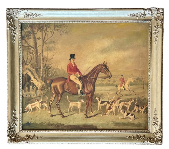 British School (XIX-XX) - The huntsmen on horseback with their beagles.