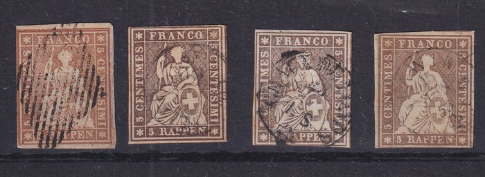 Schweiz 1854 - Udvalg af 21 værdier fra 5 Rp. for 1 Franc af forskellige Farver