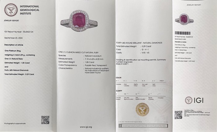 Ring Platin -  2.14ct. tw. Rubin - Diamant - Lilla rød rubin ring