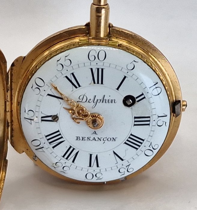 Delphin a Besancon - 18kt. Goldspindeluhr - Quarter Repeater - Ziergravur - Schweiz omkring 1780