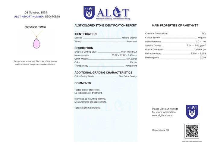 Ingen mindstepris - Halskæde med vedhæng - 18 kraat Gulguld Ametyst - ALGT Certificeret