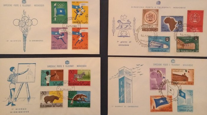 Italienske Somalia 1960/1968 - 31 Somalia-kuverter, første udgave 1960-1967 og 12 ark plus 4 komplette frimærker