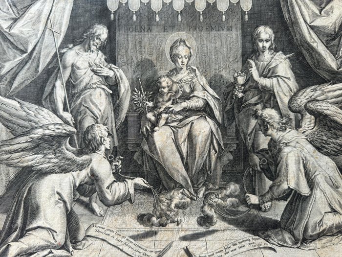 Hans von Aachen (1552-1615); Jan Sadeler il Vecchio (1550-1600) - Madonna con Bambino in trono e san Giovanni Battista san Giovanni Evangelista e angeli