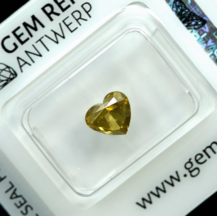 1 pcs Diamant  (Farvebehandlet)  - 1.38 ct - Hjerte - Fancy intense Grålig Gul - SI2 - Gem Report Antwerp (GRA)