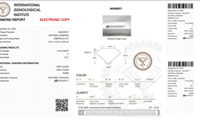 1 pcs Diamant  (Natur)  - 0.30 ct - Smaragd - F - VS1 - International Gemological Institute (IGI)