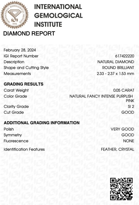 1 pcs Diamant  (Naturfarvet)  - 0.05 ct - Rund - Fancy intense Lille nuance Lyserød - SI2