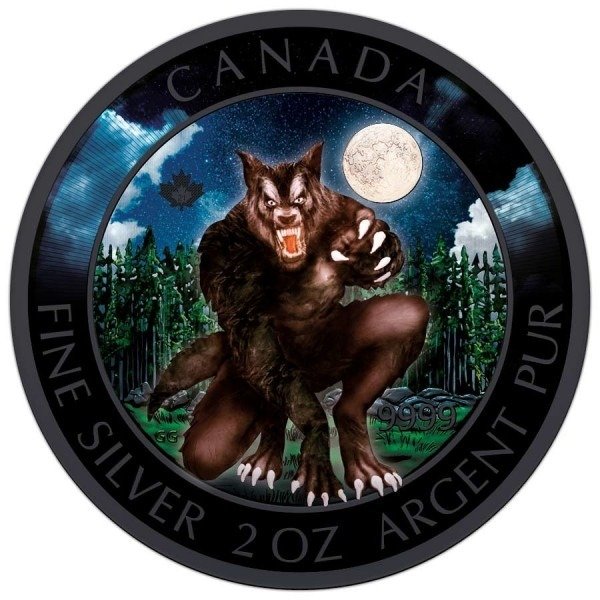 Canada. 10 Dollars 2021 Creatures of the North Werewolf - Full Moon Night - Black Platinum, 2 Oz (.999)