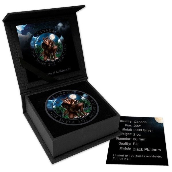 Canada. 10 Dollars 2021 Creatures of the North Werewolf - Full Moon Night - Black Platinum, 2 Oz (.999)