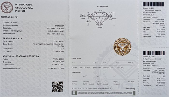 Ingen mindstepris - 1 pcs Diamant  (Naturfarvet)  - 0.86 ct - Rund - Fancy intense Brunlig, Grøn Gul - SI1 - International Gemological Institute (IGI)