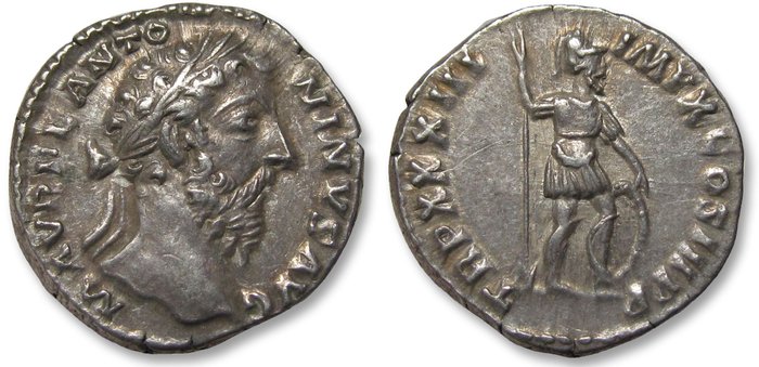 Romarriket. Marcus Aurelius (AD 161-180). Denarius Rome mint circa 179 A.D. - TR P XXXIII IMP X COS III P P, Mars - sharp strike, full weight