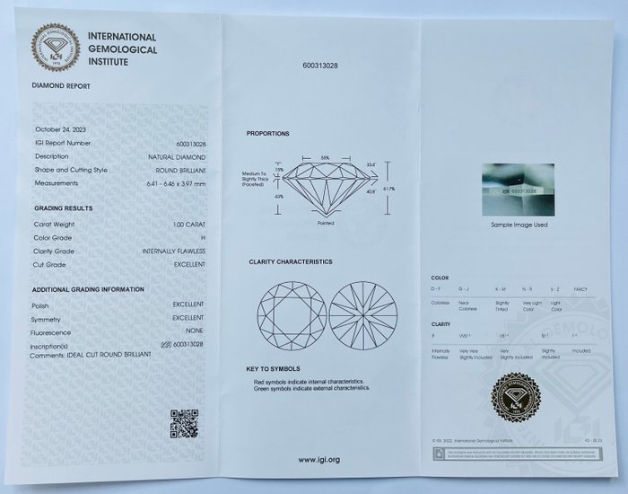 1 pcs Diamant  (Natur)  - 1.00 ct - Rund - H - IF - International Gemological Institute (IGI) - Ex Ex Ex Ingen