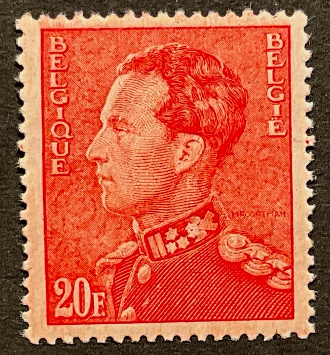 Belgien 1936 - Poortman 20 fr Vermilion rød - POSTFRIS - OBP 435B