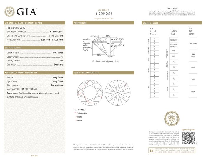 1 pcs Diamant  (Natur)  - 1.09 ct - Rund - G - SI2 - Gemological Institute of America (GIA)