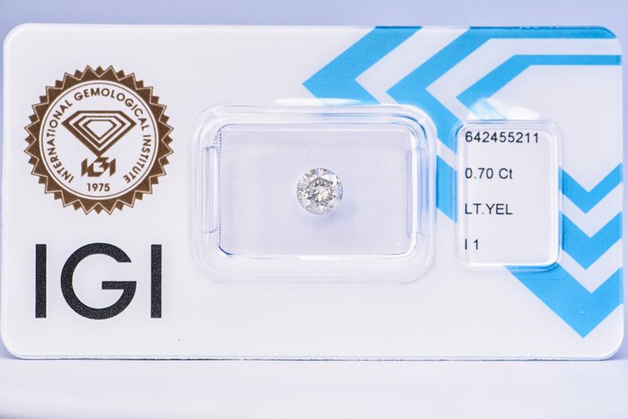 Ingen mindstepris - 1 pcs Diamant  (Naturfarvet)  - 070 ct - Rund - Light Gul - I1 - International Gemological Institute (IGI)