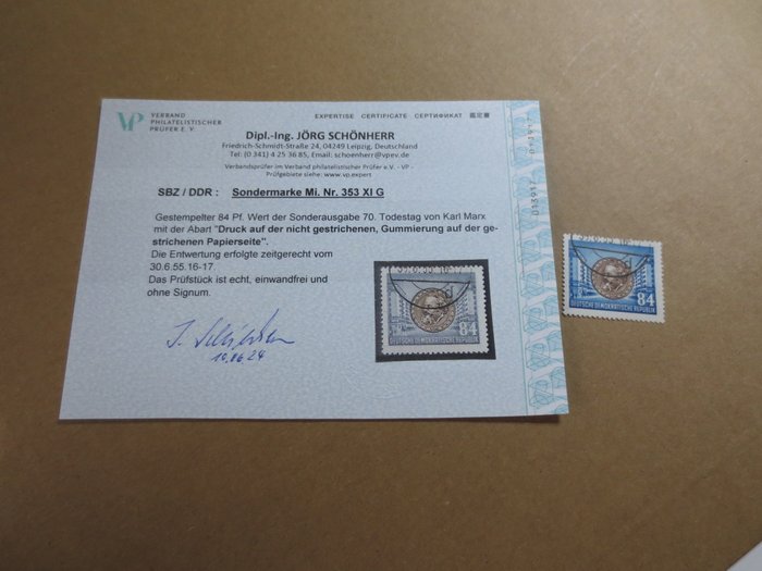 GDR 1953 - GDR sjælden tryktype stemplet Schönherr certifikat - Michel 353 XI G