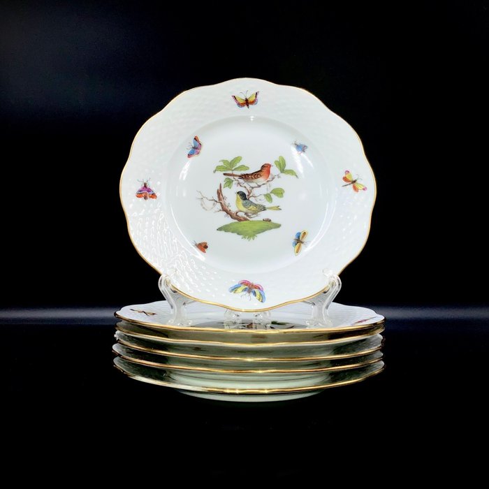 Herend - Exquisite Set of 6 Plates (18,8 cm) - "Rothschild Bird" Pattern - Tallerken - Håndmalet porcelæn