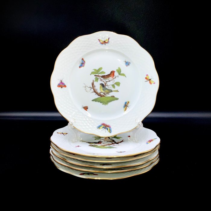 Herend - Exquisite Set of 6 Plates (188 cm) - "Rothschild Bird" Pattern - Tallerken - Håndmalet porcelæn