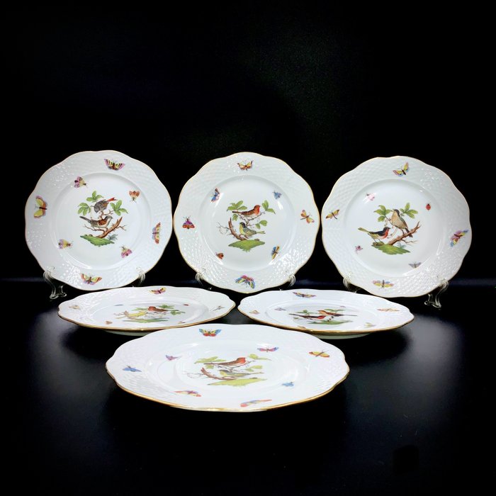 Herend - Exquisite Set of 6 Plates (18,8 cm) - "Rothschild Bird" Pattern - Tallerken - Håndmalet porcelæn