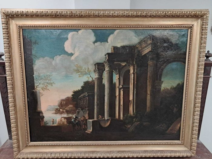 Scuola centroitaliana (XVIII) - Paesaggio con rovine classiche e scena di brigantaggio