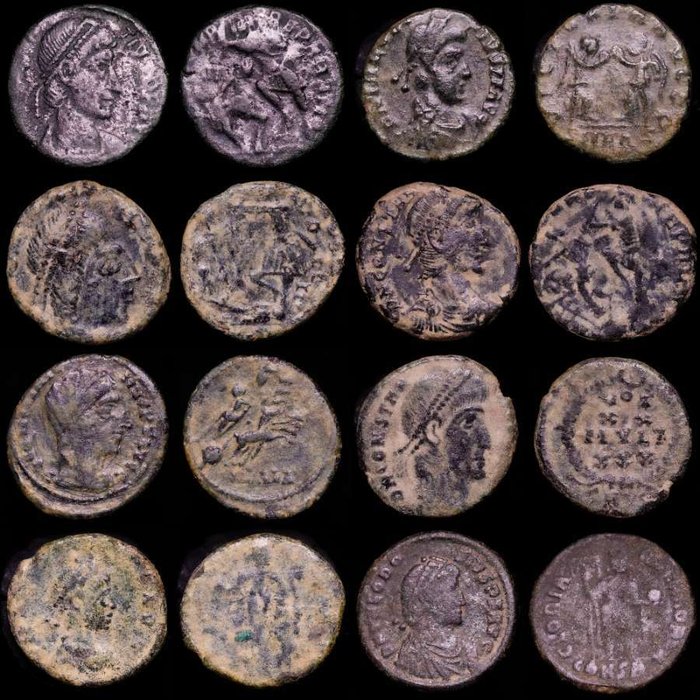 Romarriket. Lot comprising eight (8) coins: III-IV centuries AD.. Antoninianus, Follis, Maiorinas. Constantius II (5), Theodosius, Arcadius  Constantine I veiled  (Ingen mindstepris)