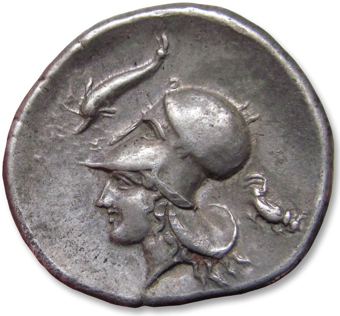 Corinthia Korinth Stater circa 405-345 BC - dolphin  rooster picking ground symbol scarcer variety -