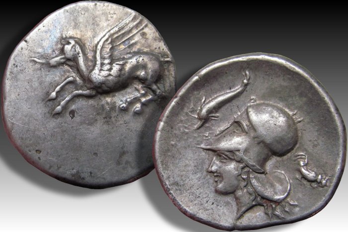 Corinthia Korinth Stater circa 405-345 BC - dolphin  rooster picking ground symbol scarcer variety -