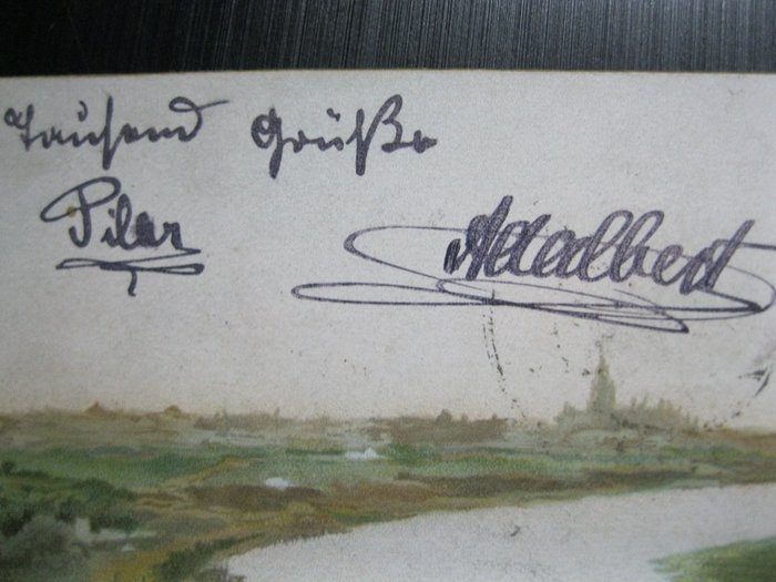 Prinz Adalbert von Bayern und Prinzessin Maria del Pilar von Bayern - Autograph - Eigenhändige Postkarte mit Unterschriften - Monarchie - Spanien - Frankreich - 1907