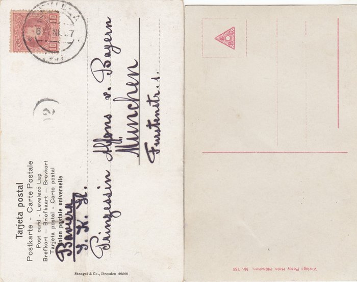 Prinz Adalbert von Bayern und Prinzessin Maria del Pilar von Bayern - Autograph - Eigenhändige Postkarte mit Unterschriften - Monarchie - Spanien - Frankreich - 1907