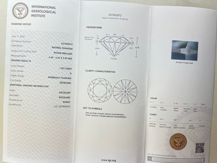 1 pcs Diamant  (Natur)  - 1.02 ct - Rund - D (farveløs) - IF - International Gemological Institute (IGI)