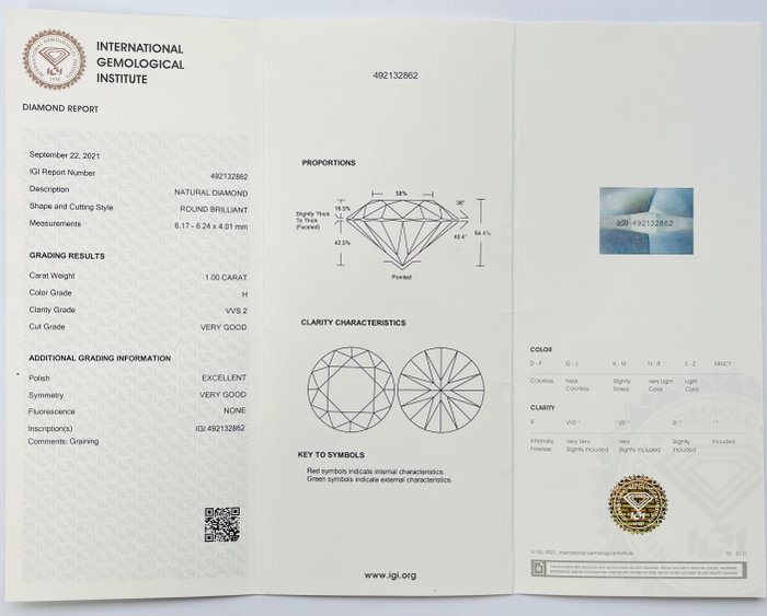 1 pcs Diamant  (Natur)  - 1.00 ct - Rund - H - VVS2 - International Gemological Institute (IGI)