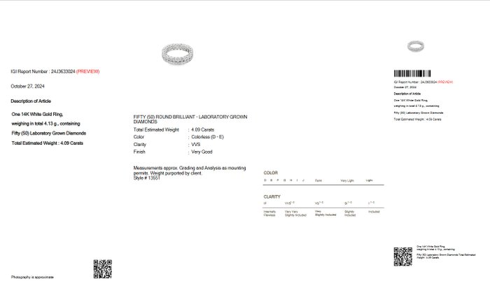 Ingen mindstepris - Alliancering - 14 karat Hvidguld -  4.09ct. tw. Diamant (Laboratoriedyrket) - D-E VVS IGI