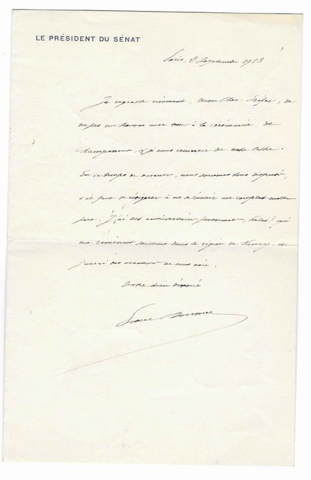 Paul Doumer [Président de la République] - Lettre autographe signée - 1928