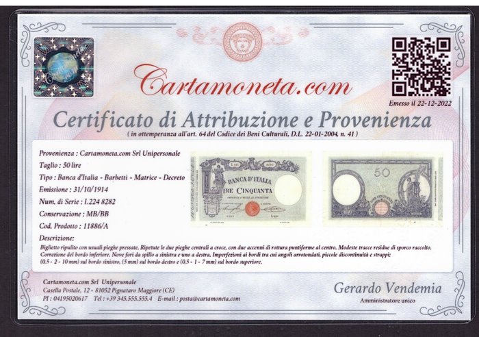 Italien. - 50 Lire 31-10-1914 "Matrice" (Decreto) - Gigante BI 3/16  (Ingen mindstepris)