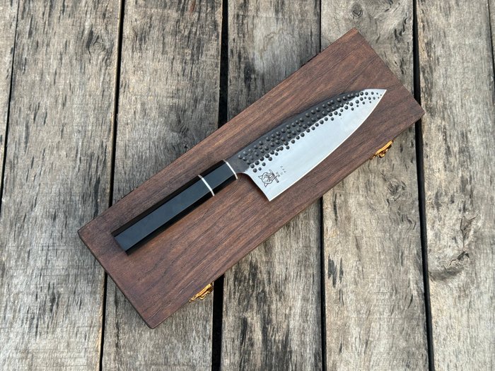 Køkkenkniv - Prestigefyldt håndlavet japansk Deba Chef Knife - Trofææske - Burl Wood, Box, Special Steel - Nordamerika