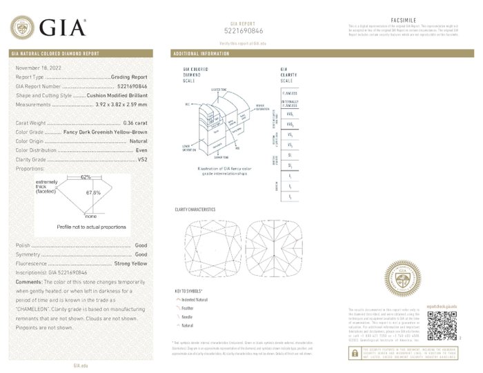 1 pcs Diamant  (Naturfarvet)  - 0.36 ct - Fancy dark Grønlig, Gul Brun - VS2 - Gemological Institute of America (GIA) - Kamæleon