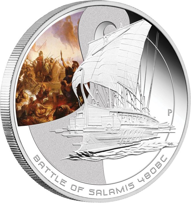 Tuvalu 1 Dollar 2010 Proof Battle SALAMIS 480BC with certificate - 1 Oz mit  BOX  (Ingen mindstepris)