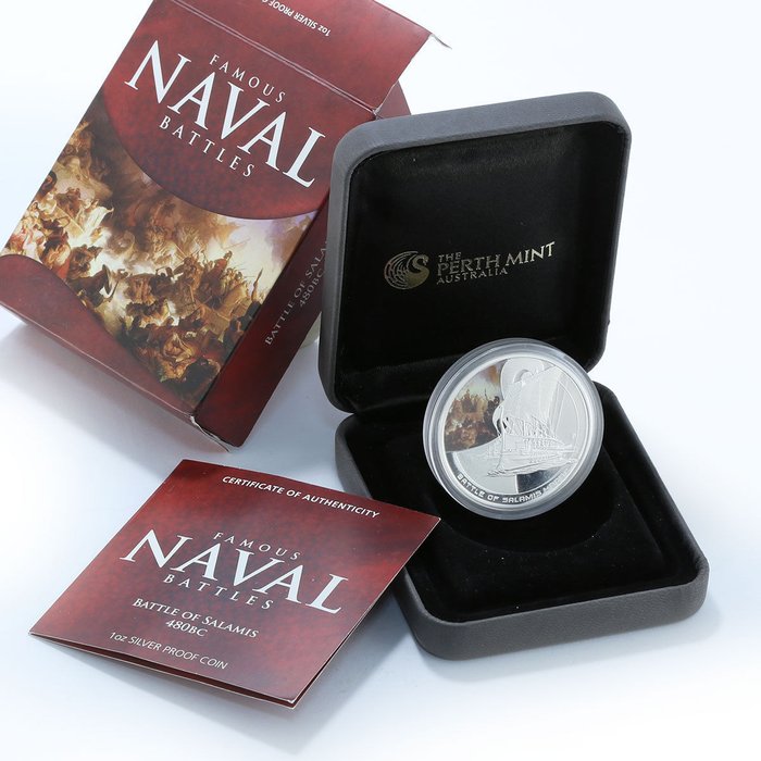 Tuvalu 1 Dollar 2010 Proof Battle SALAMIS 480BC with certificate - 1 Oz mit  BOX  (Ingen mindstepris)