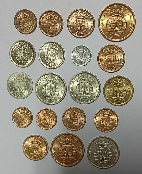 Tidligere portugisiske kolonier (Angola/Guinea/Indien/Mozambique/Macau/S.Tomé og Príncipe og Timor). Lot de 19 moedas soberbas  (Ingen mindstepris)