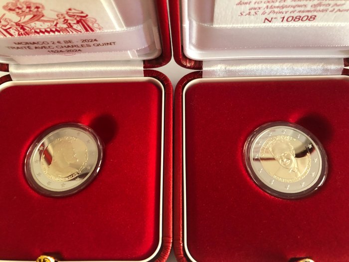 Monaco. 2 Euro 2023/2024 "Rainier III" + "500 Ans du Traité de Burgos - Charles Quint" (2 monete) Proof